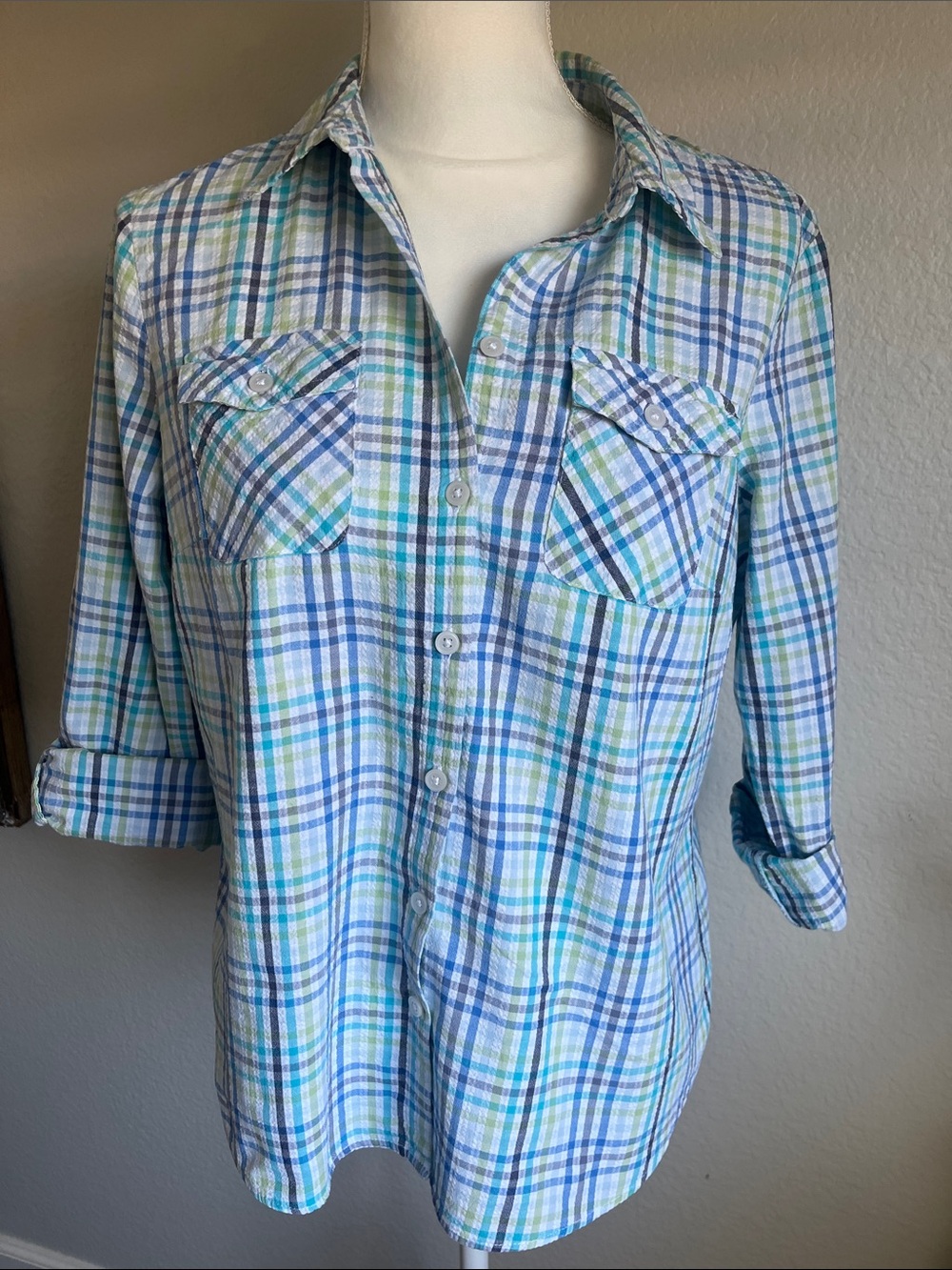 Plaid Button-Up Shirt in Blue & Green - womens